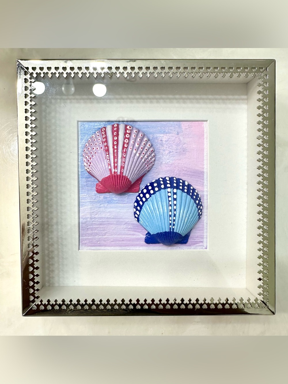 Handmade 6x6 Painted Seashell Shadow Box Wall Art Pink Blue Nicole Miller